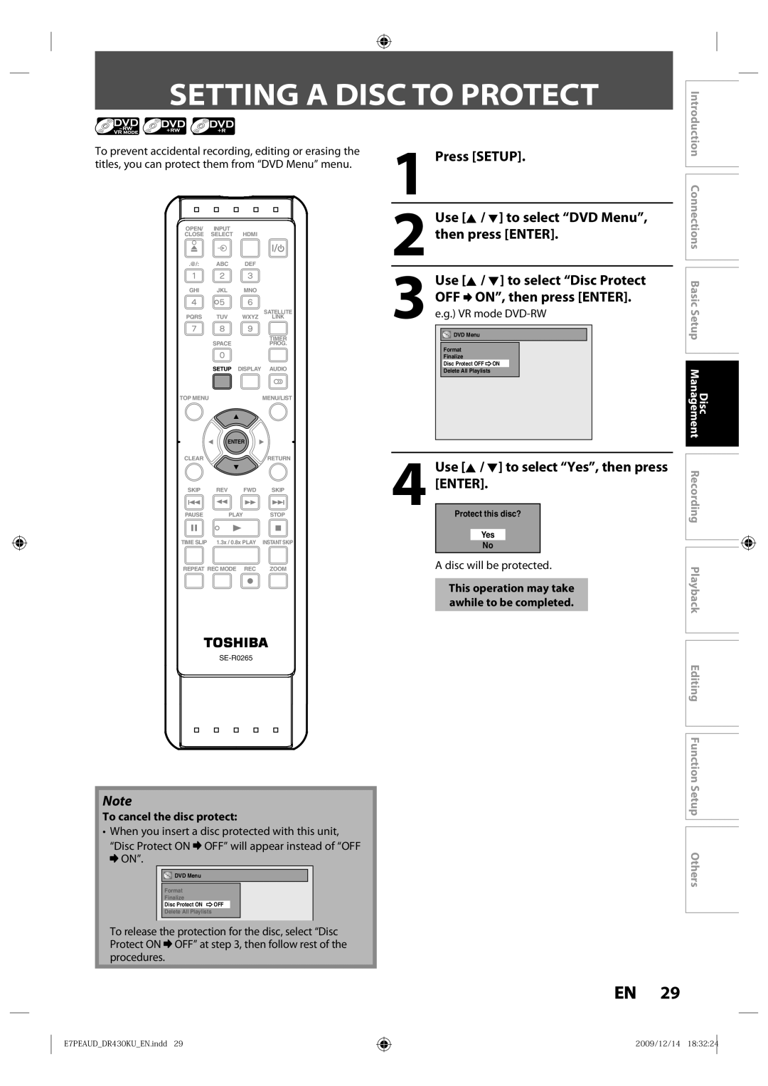 Toshiba DR430 Setting a Disc to Protect, Use K / L to select DVD Menu, then press Enter, To cancel the disc protect 