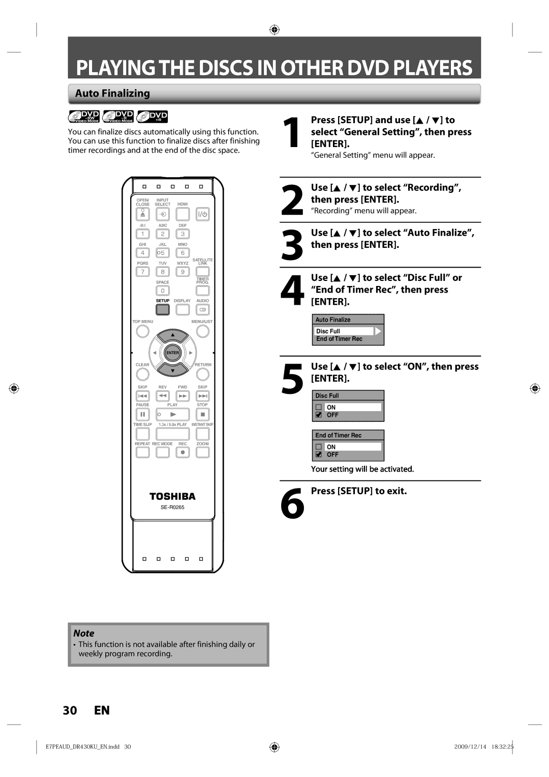 Toshiba DR430 owner manual Auto Finalizing, Use K / L to select ON, then press Enter, General Setting menu will appear 