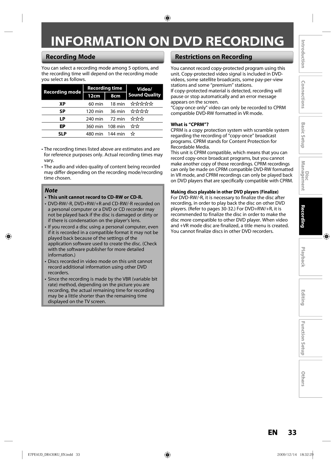 Toshiba DR430 owner manual Information on DVD Recording, Recording Mode, Restrictions on Recording, Video, 12cm 8cm 