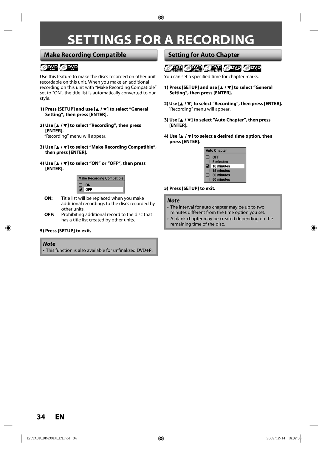 Toshiba DR430 Settings for a Recording, Make Recording Compatible, Setting for Auto Chapter, Press Setup to exit 