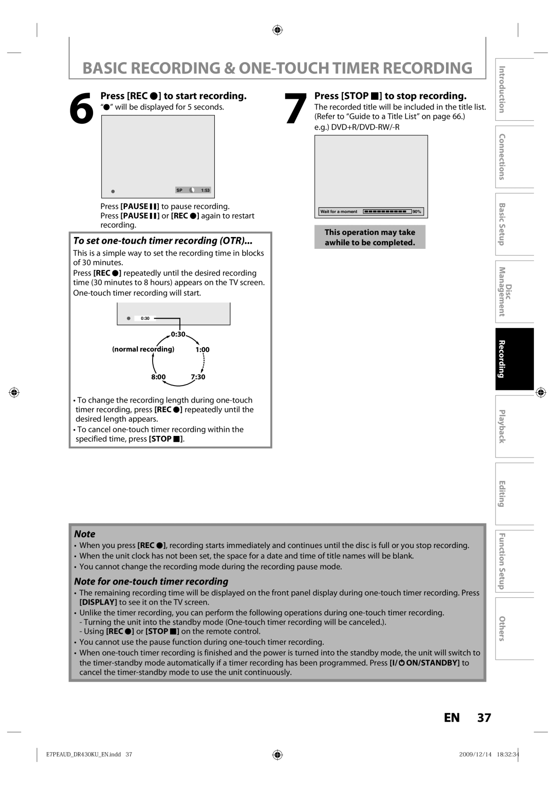 Toshiba DR430 Will be displayed for 5 seconds, Refer to Guide to a Title List on, G. Dvd+R/Dvd-Rw/-R, Recording 