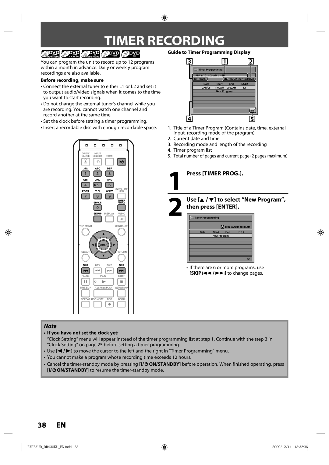 Toshiba DR430 owner manual Timer Recording, Before recording, make sure, Guide to Timer Programming Display 