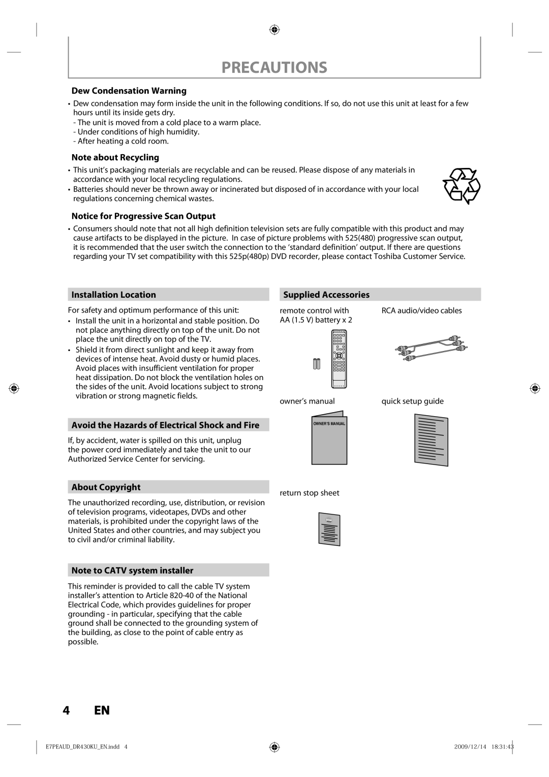 Toshiba DR430 owner manual Dew Condensation Warning, Installation Location, Avoid the Hazards of Electrical Shock and Fire 