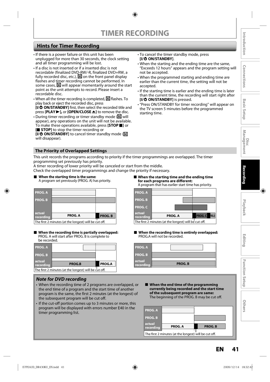 Toshiba DR430 owner manual Hints for Timer Recording, Priority of Overlapped Settings 