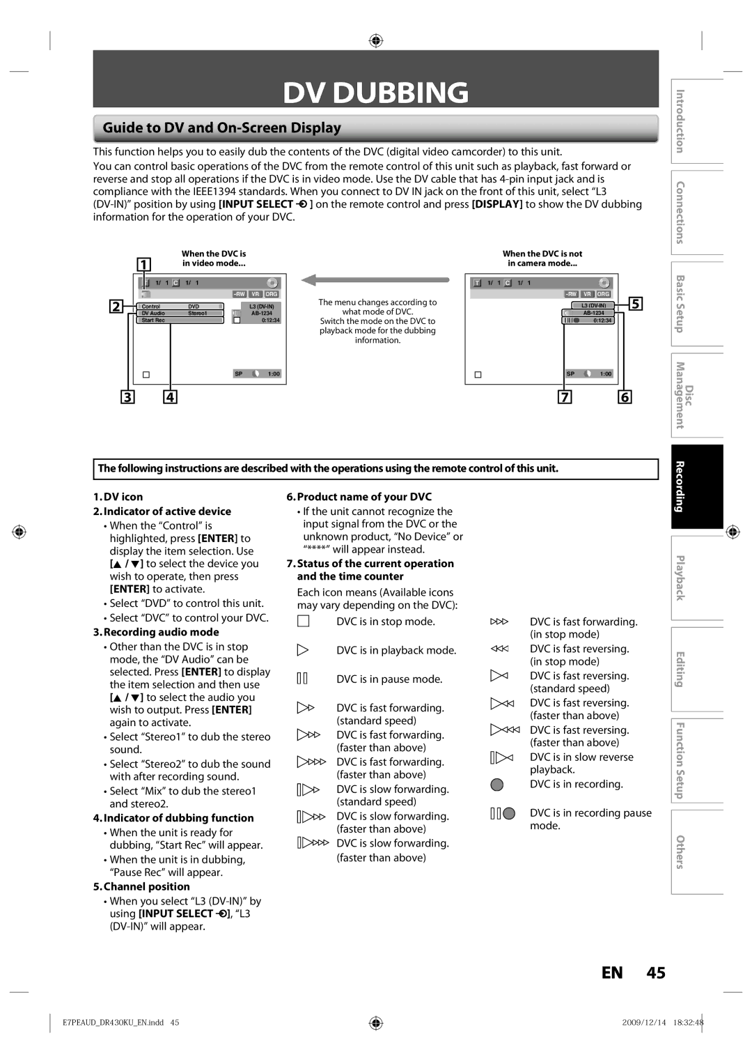 Toshiba DR430 owner manual DV Dubbing, Guide to DV and On-Screen Display 