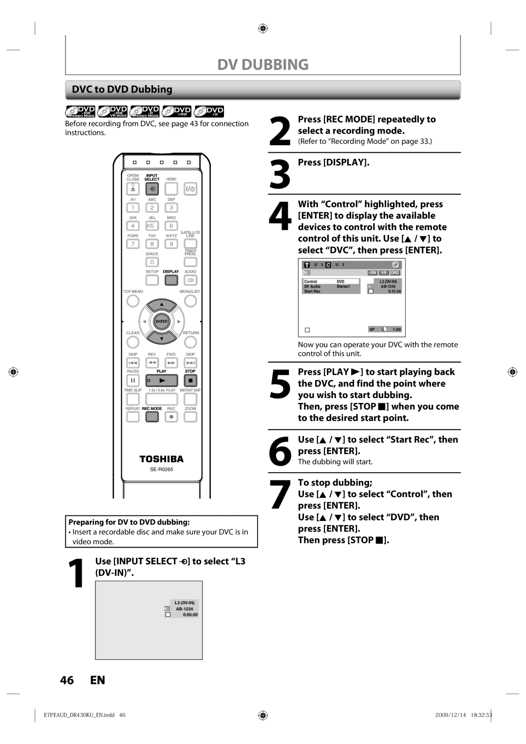 Toshiba DR430 owner manual DV Dubbing, DVC to DVD Dubbing, Dv-In, Press Display 