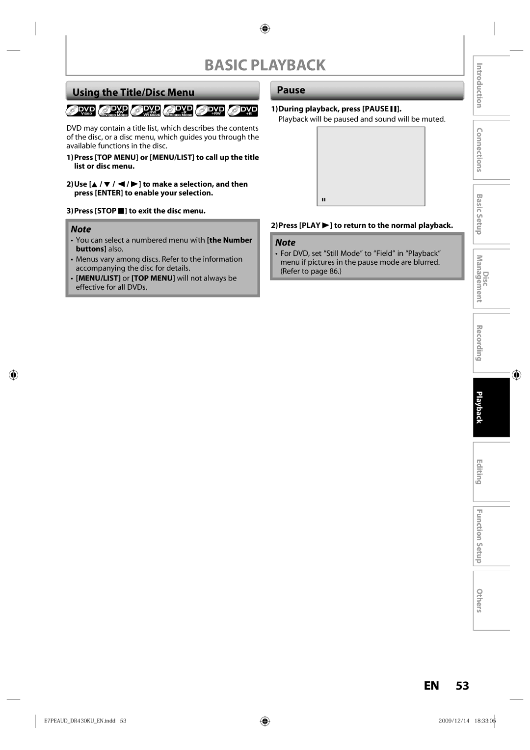 Toshiba DR430 owner manual Using the Title/Disc Menu, During playback, press Pause F 