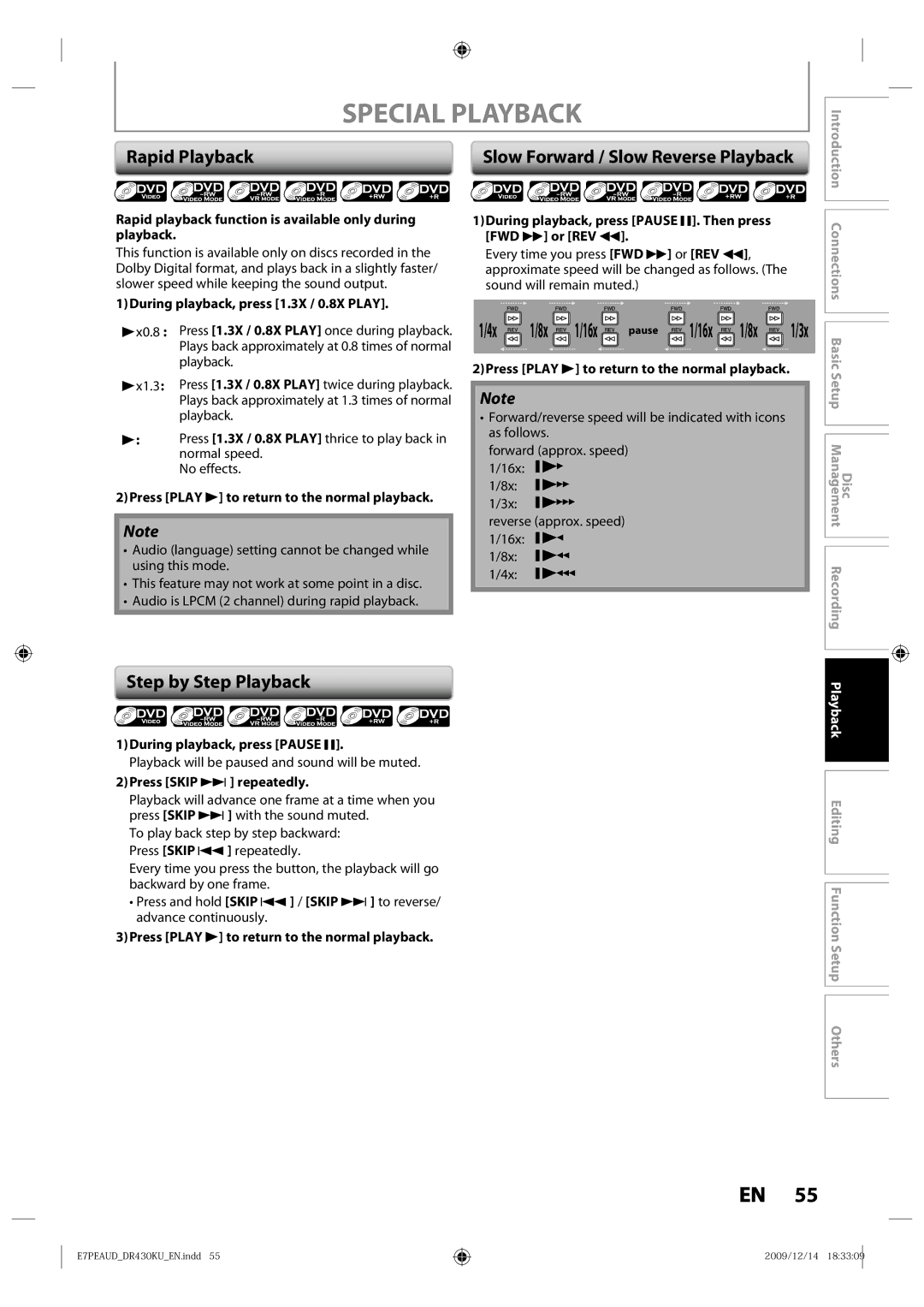 Toshiba DR430 owner manual Special Playback, Rapid Playback, Step by Step Playback, Slow Forward / Slow Reverse Playback 