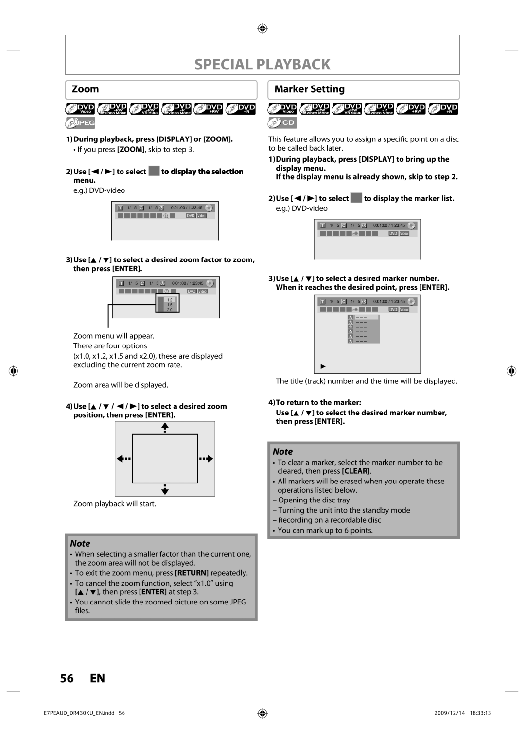 Toshiba DR430 owner manual Zoom, Marker Setting 