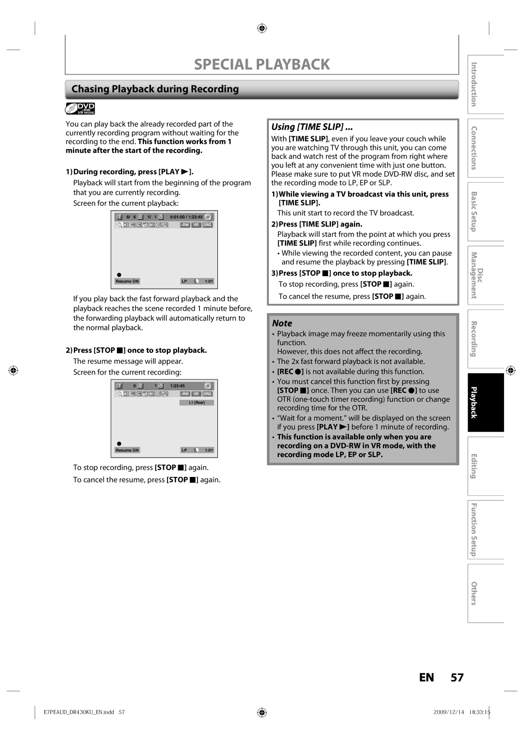 Toshiba DR430 owner manual Chasing Playback during Recording, During recording, press Play B, Press Time Slip again 