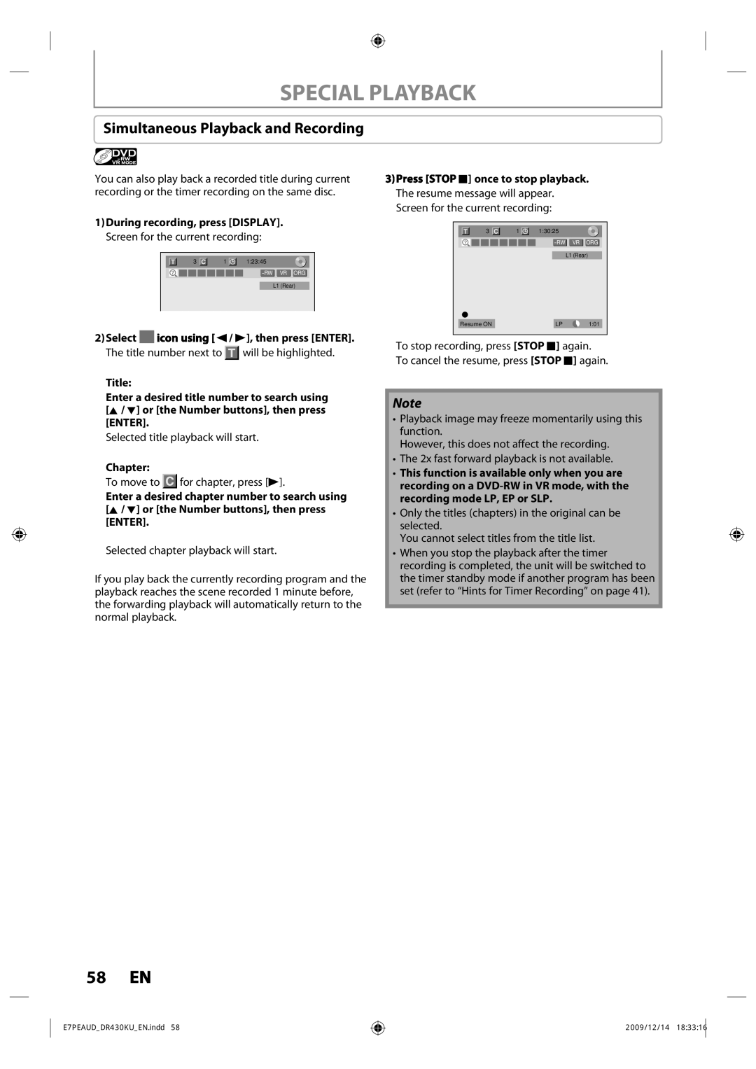 Toshiba DR430 owner manual Simultaneous Playback and Recording, Chapter, Once to stop playback 