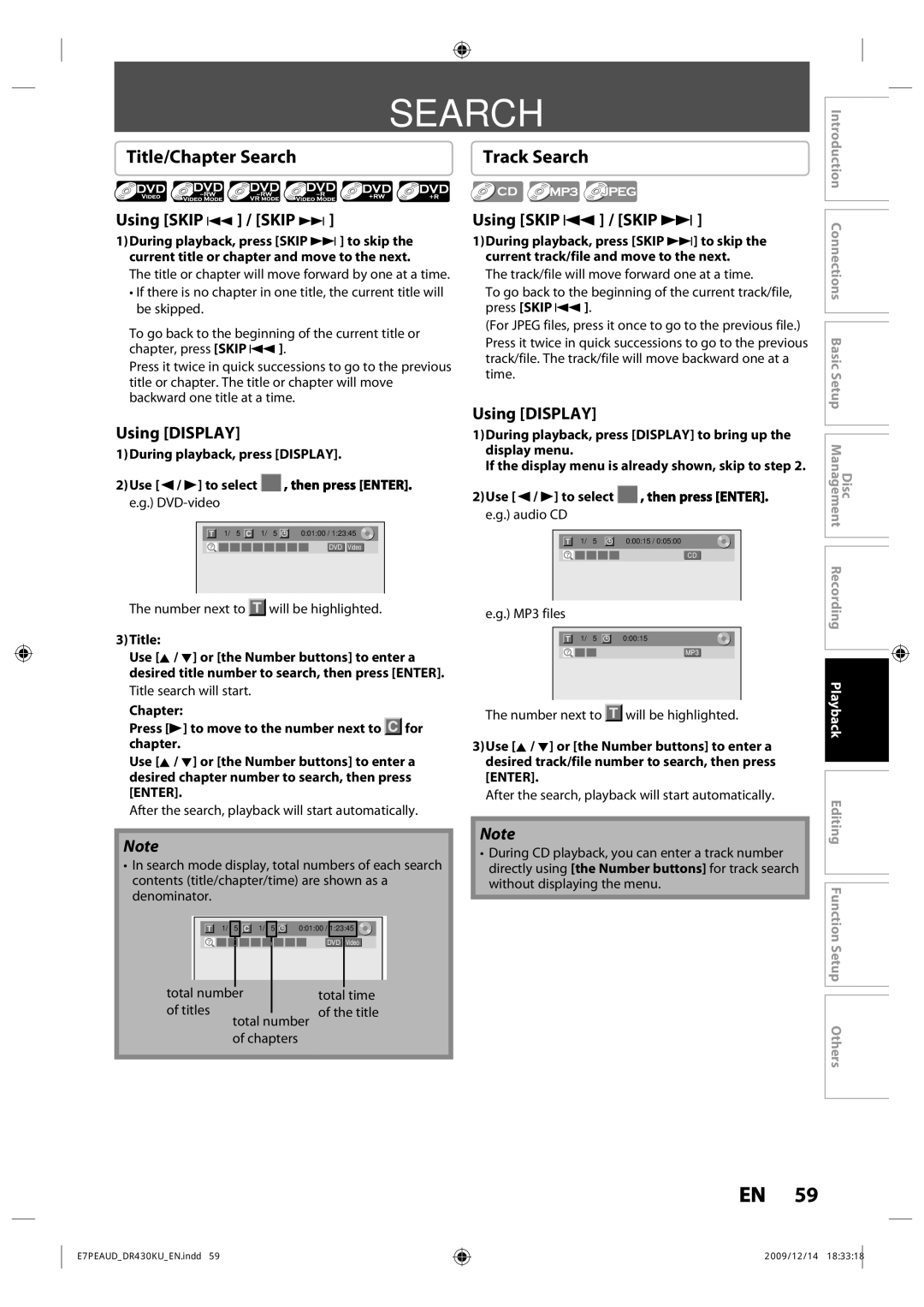 Toshiba DR430 owner manual Title/Chapter Search, Using Skip j / Skip, Using Display 