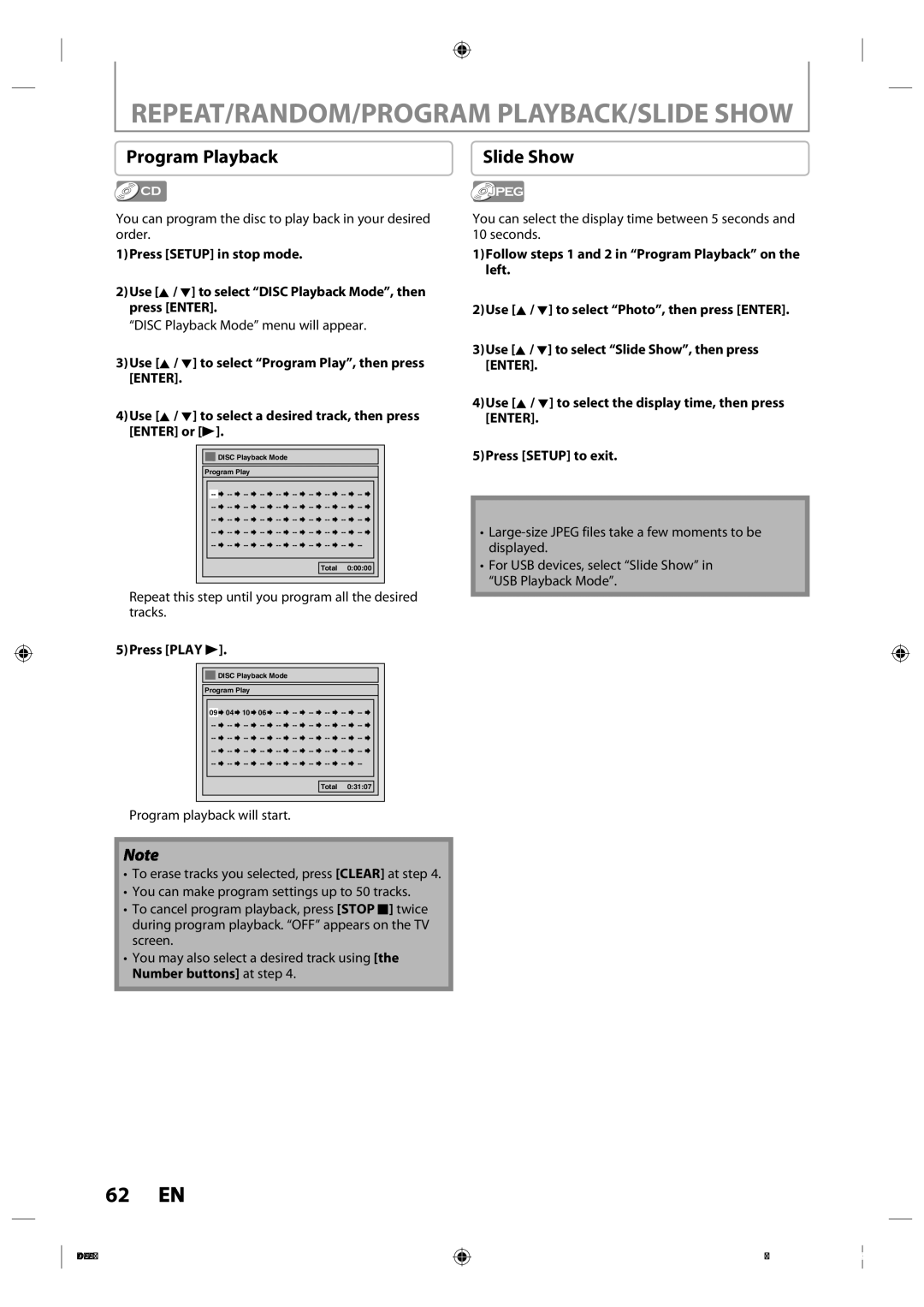 Toshiba DR430 owner manual REPEAT/RANDOM/PROGRAM PLAYBACK/SLIDE Show, Program Playback, 5Press Play B 