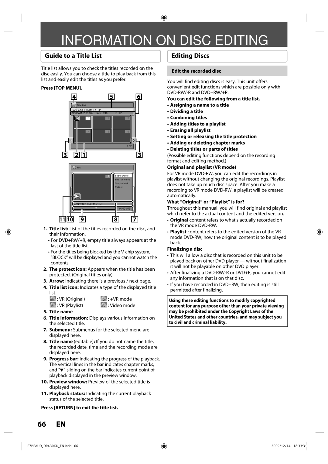 Toshiba DR430 owner manual Information on Disc Editing, Guide to a Title List 