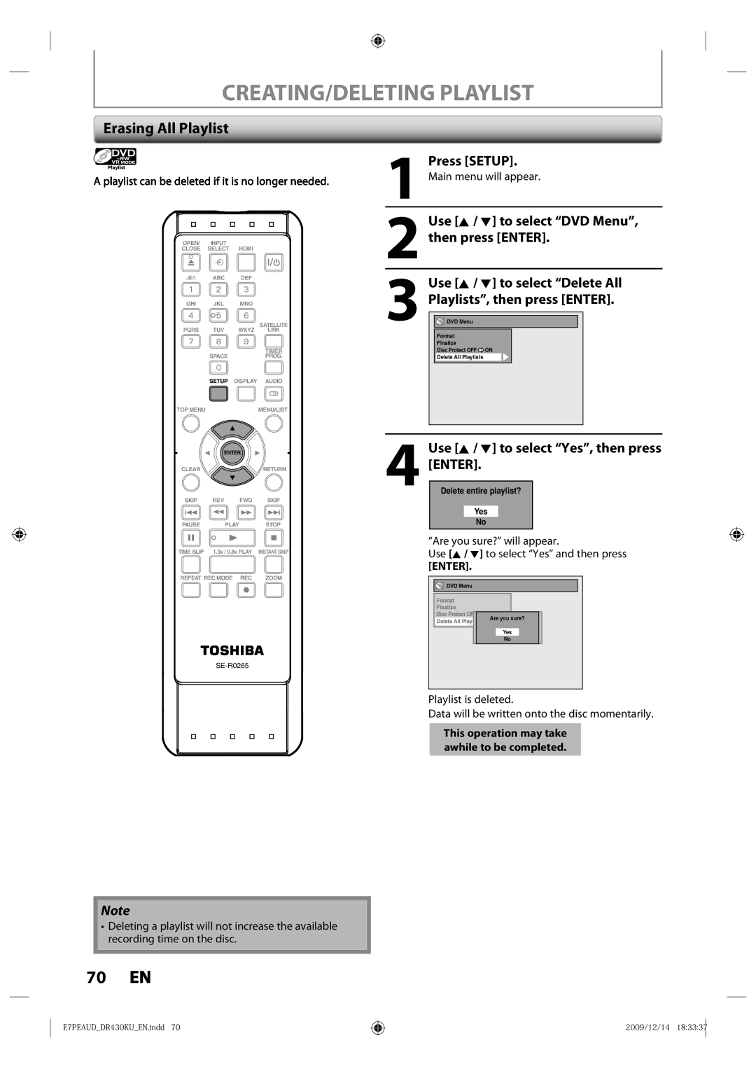 Toshiba DR430 owner manual CREATING/DELETING Playlist, Erasing All Playlist, Main menu will appear.Press Setup 