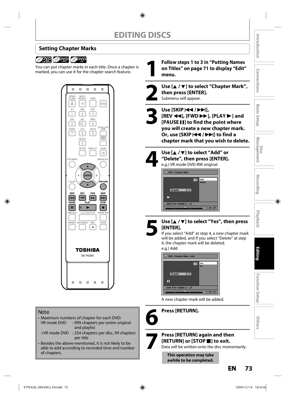 Toshiba DR430 owner manual Setting Chapter Marks, Add, New chapter mark will be added, +VR mode DVD 