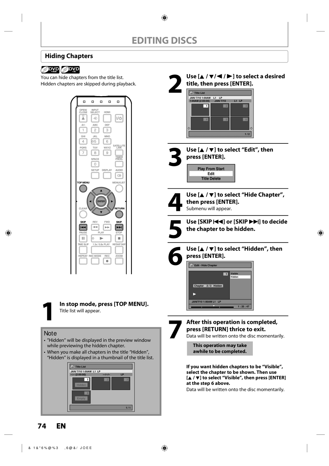 Toshiba DR430 owner manual Hiding Chapters, Stop mode, press TOP Menu, Use K / L to select Edit, then press Enter 