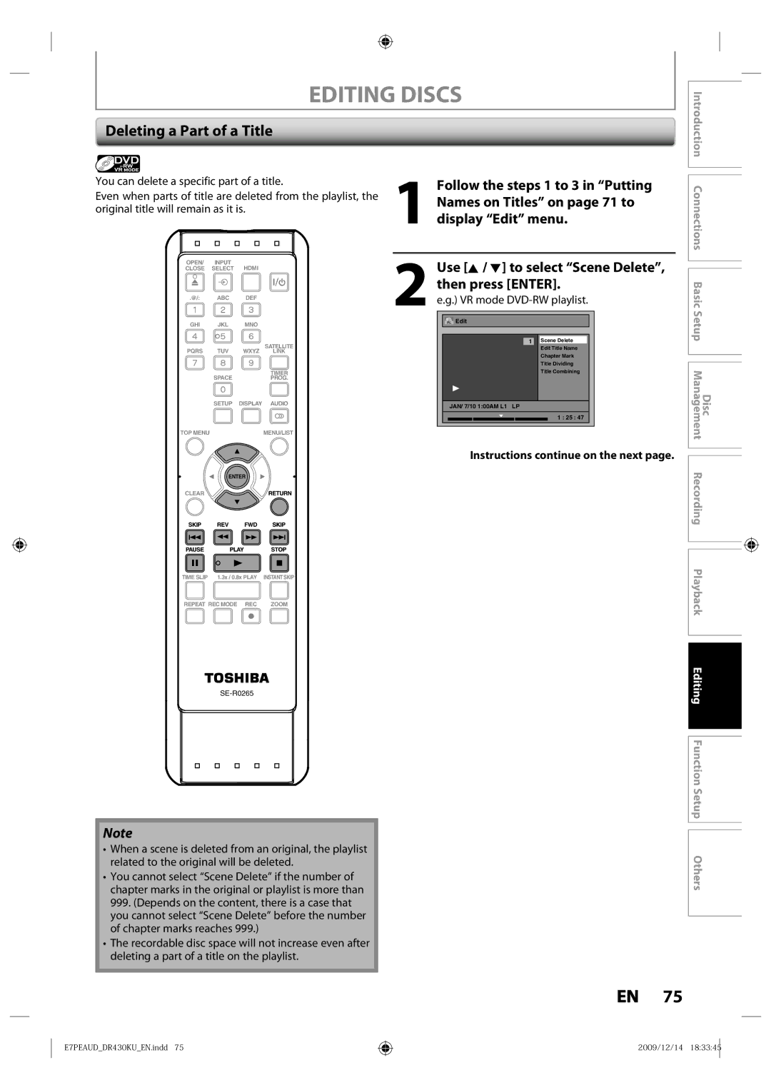 Toshiba DR430 owner manual Deleting a Part of a Title, Names on Titles on page 71 to, Display Edit menu 