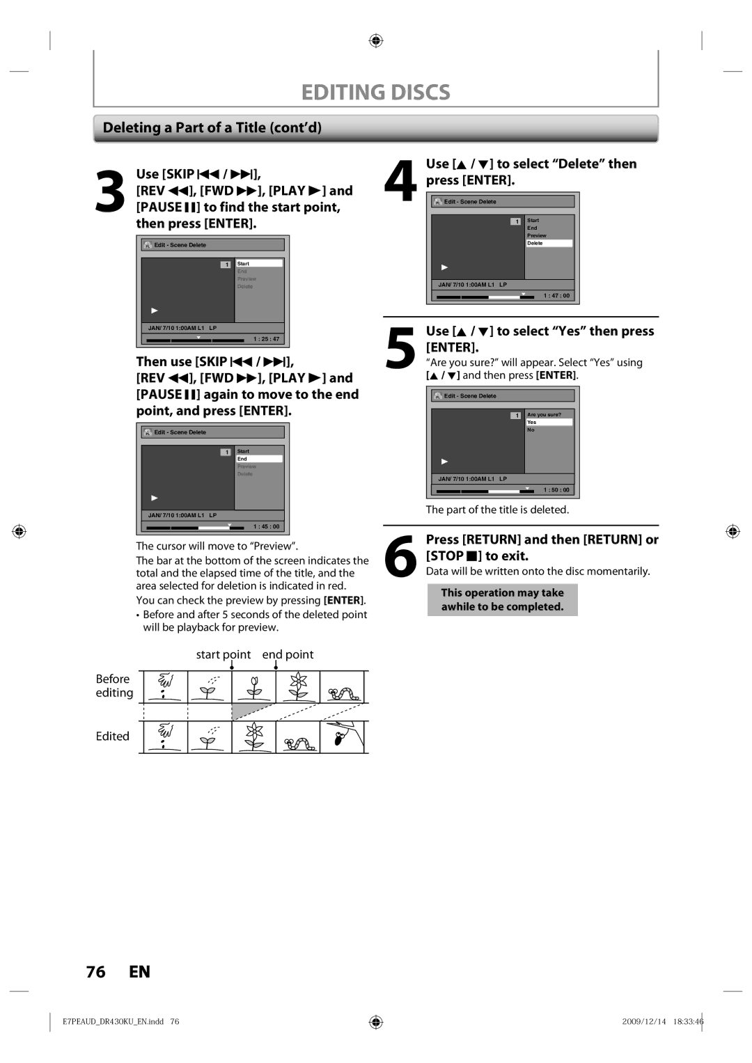 Toshiba DR430 owner manual Deleting a Part of a Title cont’d, Use K / L to select Delete then press Enter 