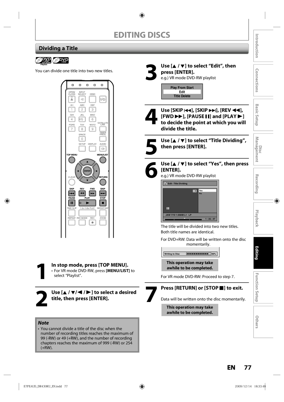 Toshiba DR430 owner manual Dividing a Title, Use K / L/s / B to select a desired title, then press Enter 