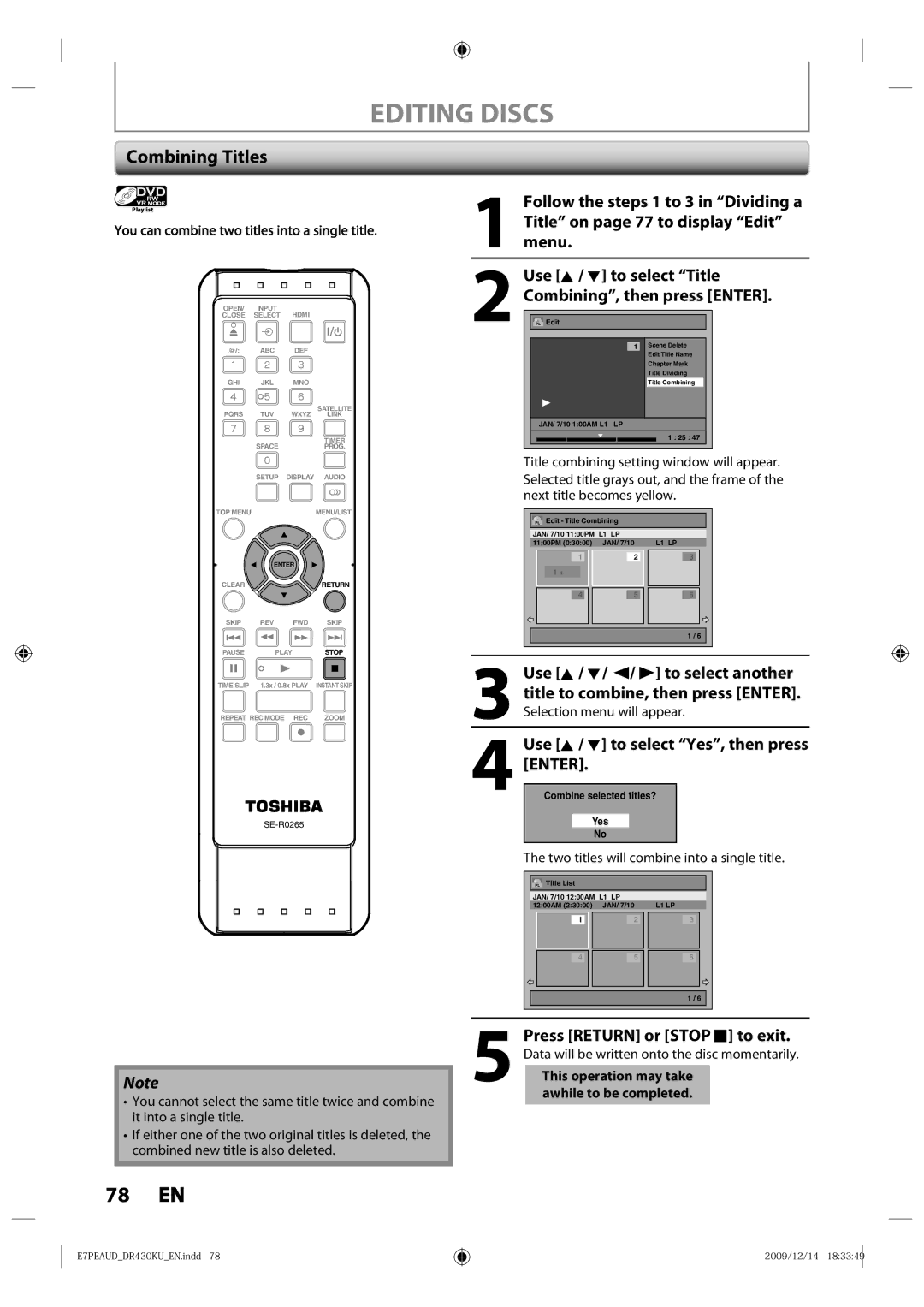 Toshiba DR430 owner manual Combining Titles, Menu, Use K / L to select Title Combining, then press Enter 