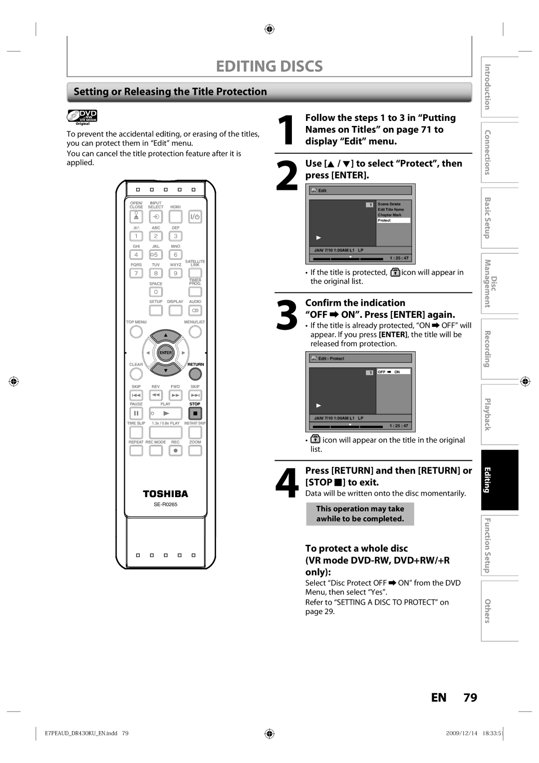 Toshiba DR430 owner manual Setting or Releasing the Title Protection, Use K / L to select Protect, then press Enter 