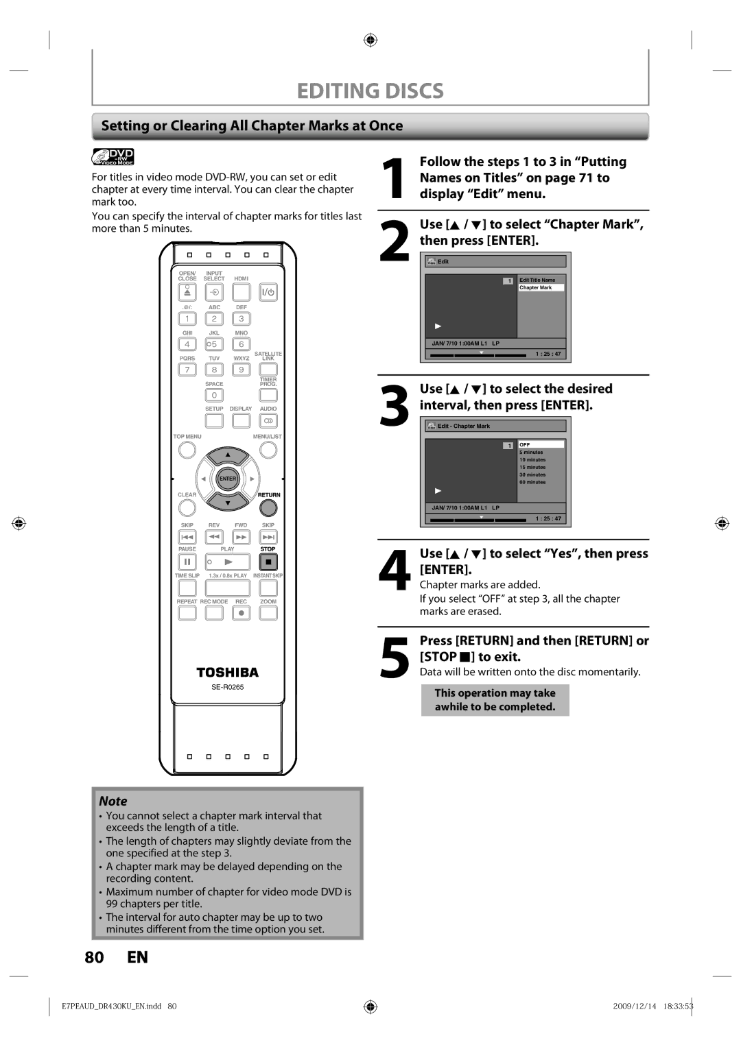 Toshiba DR430 Setting or Clearing All Chapter Marks at Once, Use K / L to select Chapter Mark, then press Enter 