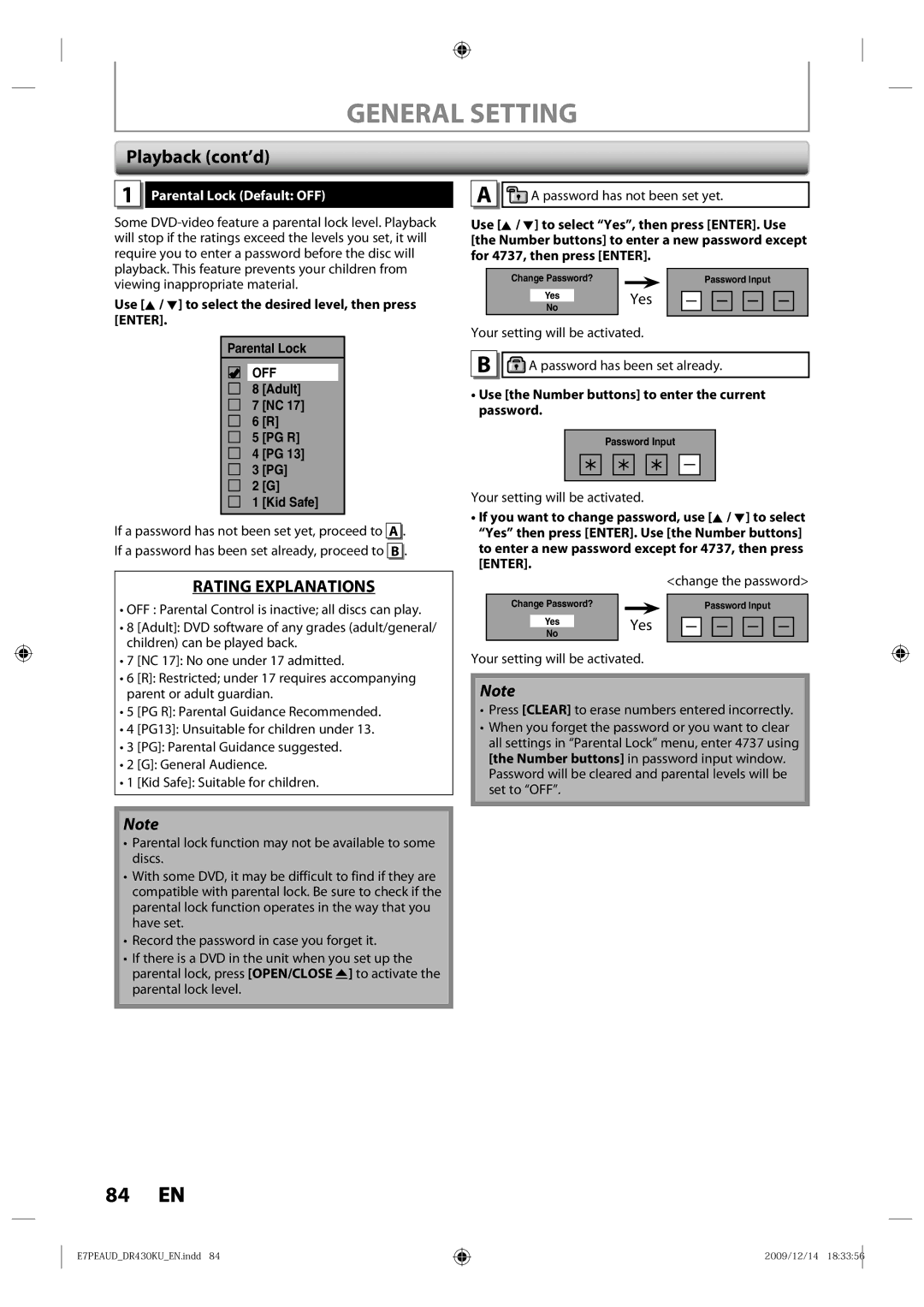 Toshiba DR430 owner manual General Setting, Playback cont’d, Yes, Parental Lock Default OFF 