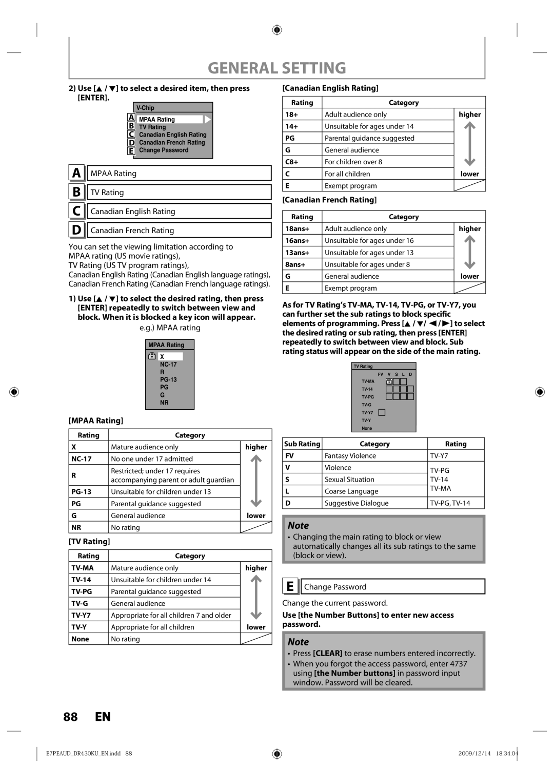 Toshiba DR430 owner manual Use K / L to select a desired item, then press Enter, Mpaa Rating, Canadian English Rating 