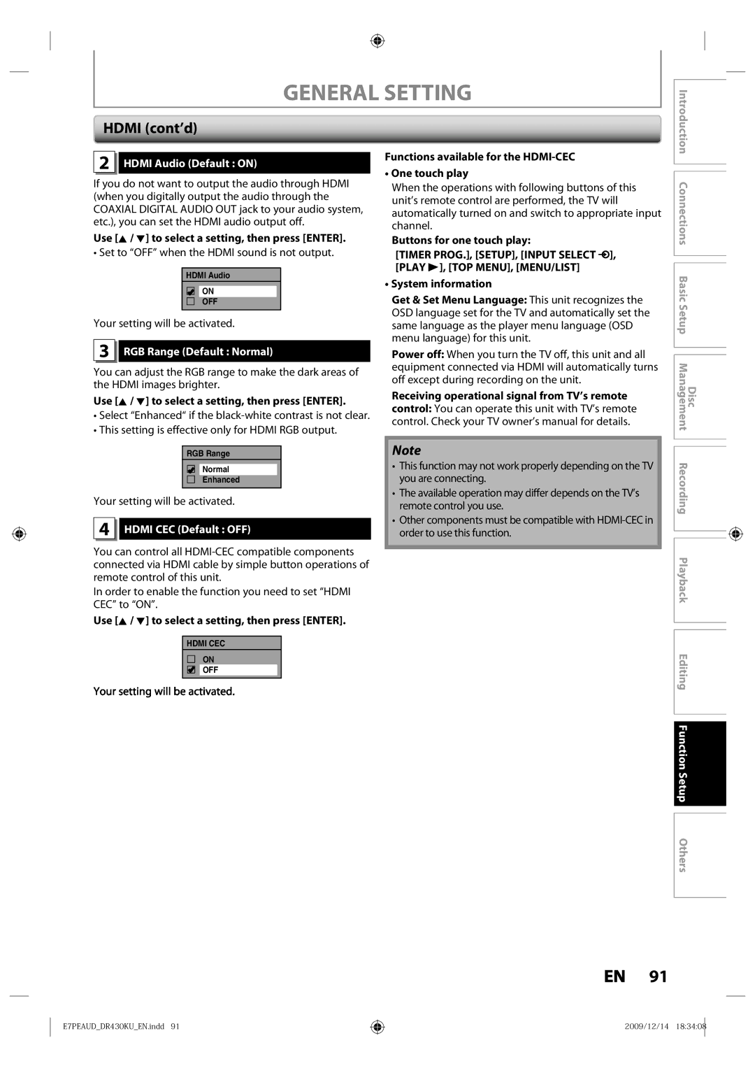 Toshiba DR430 owner manual Hdmi cont’d, Hdmi Audio Default on, RGB Range Default Normal, Hdmi CEC Default OFF 