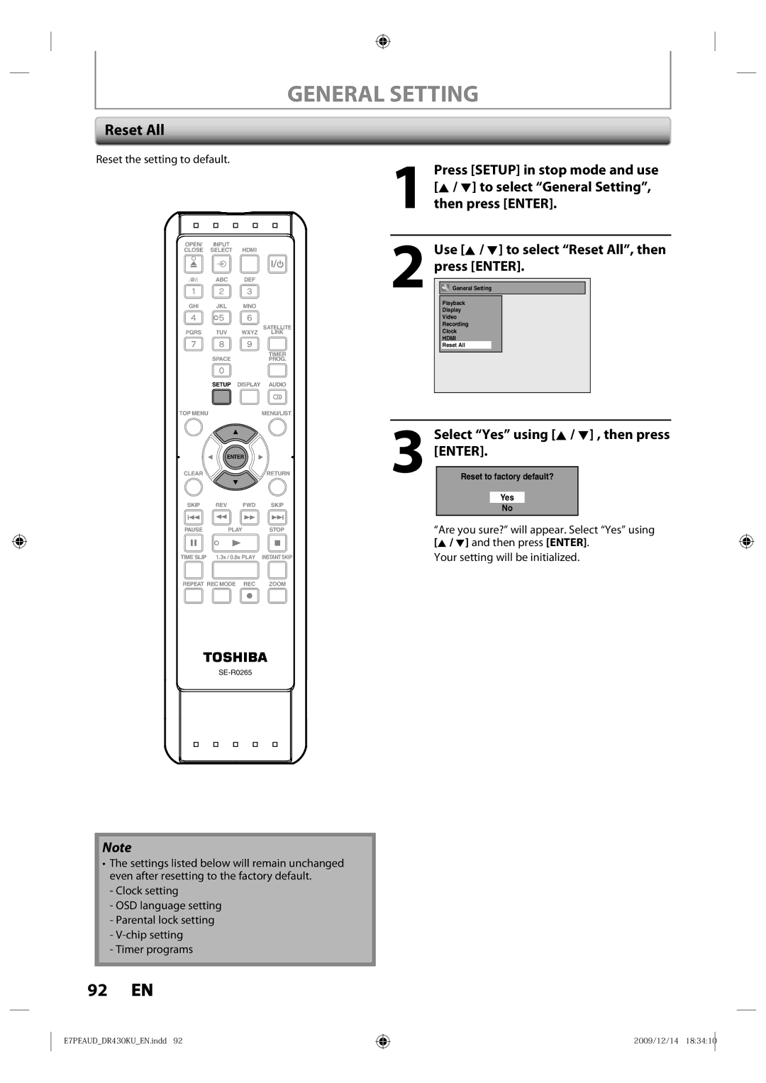 Toshiba DR430 owner manual Use K / L to select Reset All, then press Enter, Select Yes using K / L , then press 