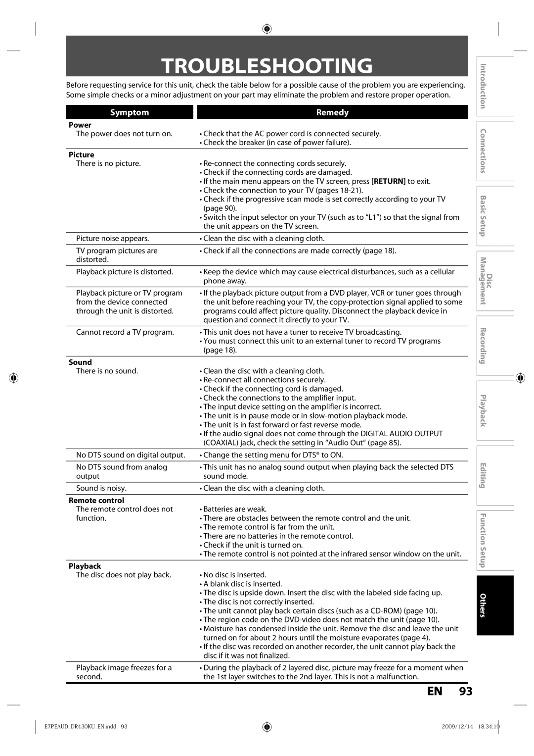 Toshiba DR430 owner manual Troubleshooting, Power, Picture, Sound, Remote control 