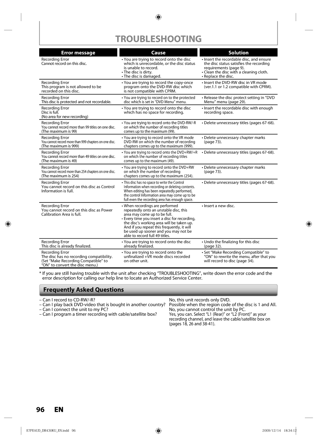 Toshiba DR430 owner manual Frequently Asked Questions, Can I record to CD-RW/-R? 