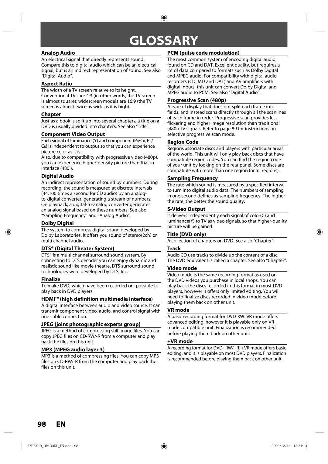 Toshiba DR430 owner manual Glossary 