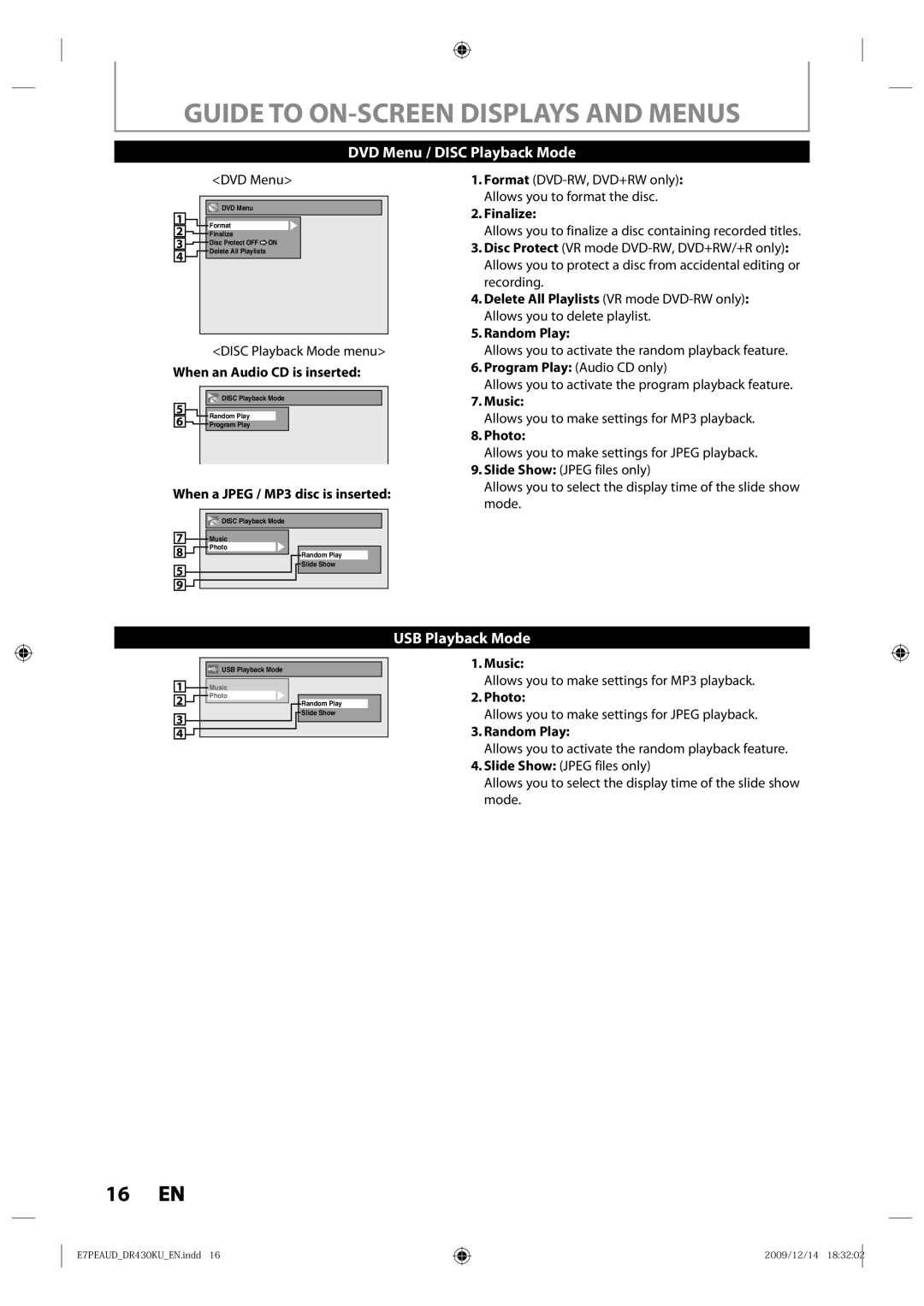 Toshiba DR430KU owner manual When an Audio CD is inserted, When a Jpeg / MP3 disc is inserted, Finalize, Music, Photo 