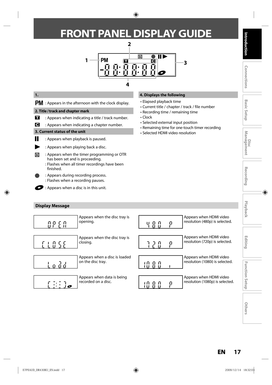 Toshiba DR430 Front Panel Display Guide, Display Message, Title / track and chapter mark, Current status of the unit 