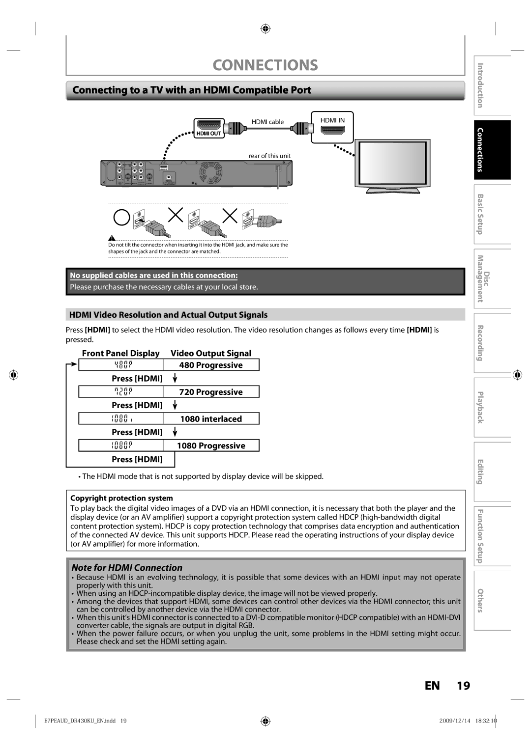 Toshiba DR430 Connections, Hdmi Video Resolution and Actual Output Signals, No supplied cables are used in this connection 