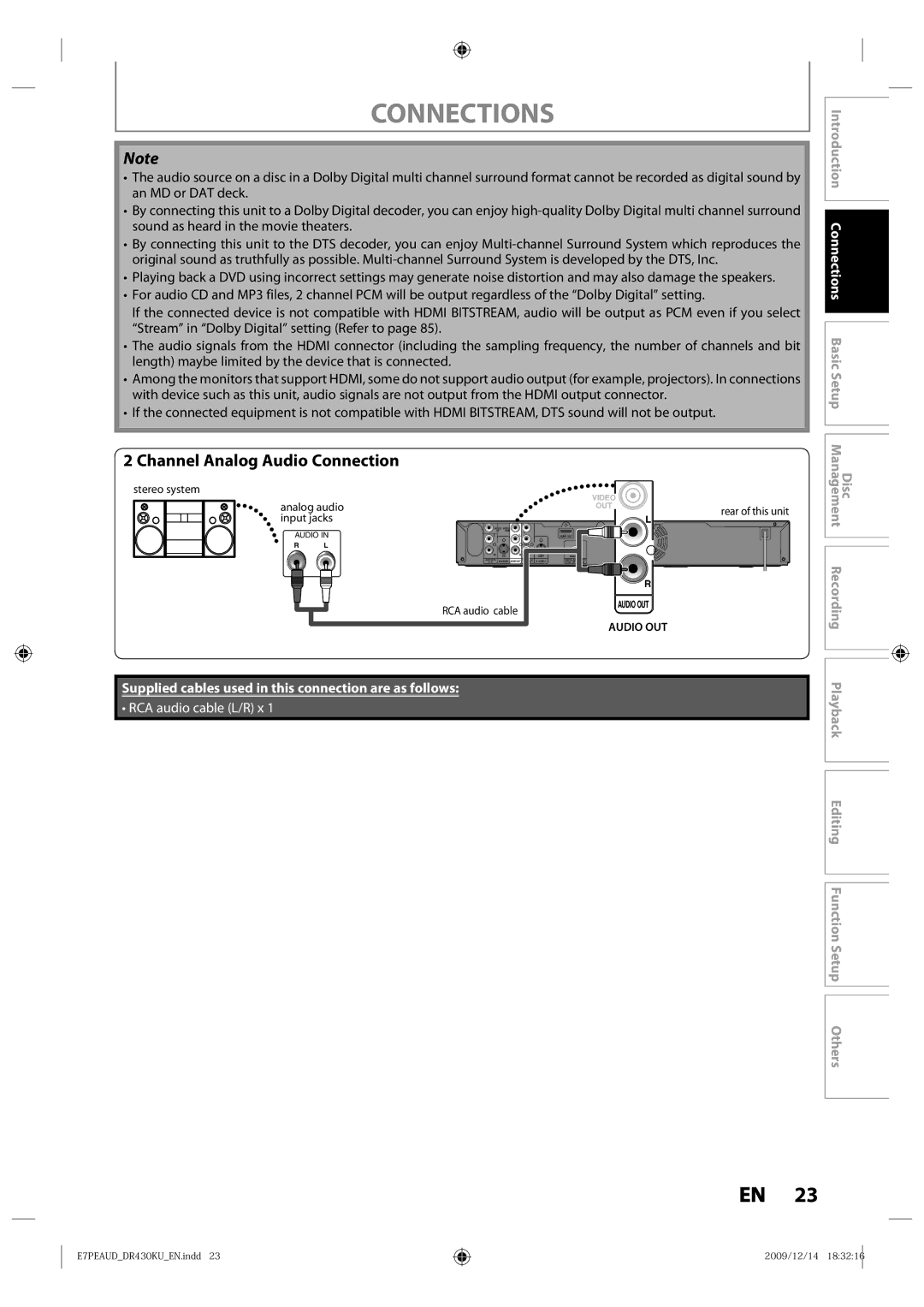 Toshiba DR430KU owner manual Channel Analog Audio Connection, Input jacks 