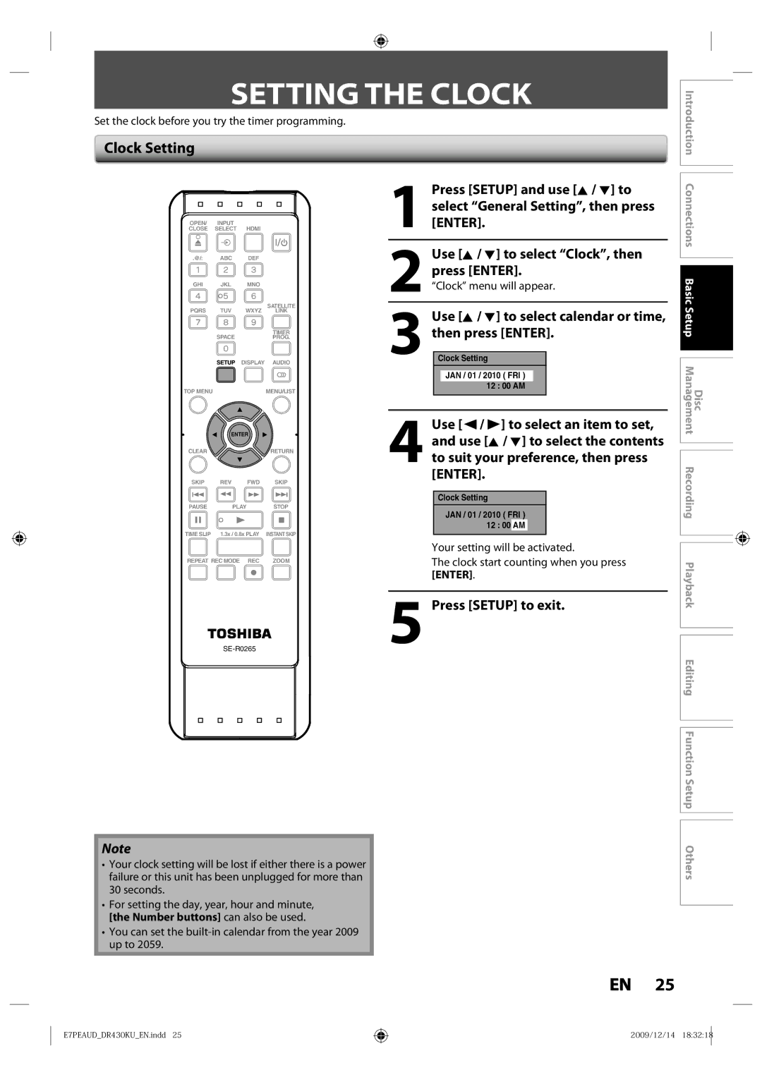 Toshiba DR430KU owner manual Setting the Clock, Clock Setting, Use K / L to select calendar or time, then press Enter 