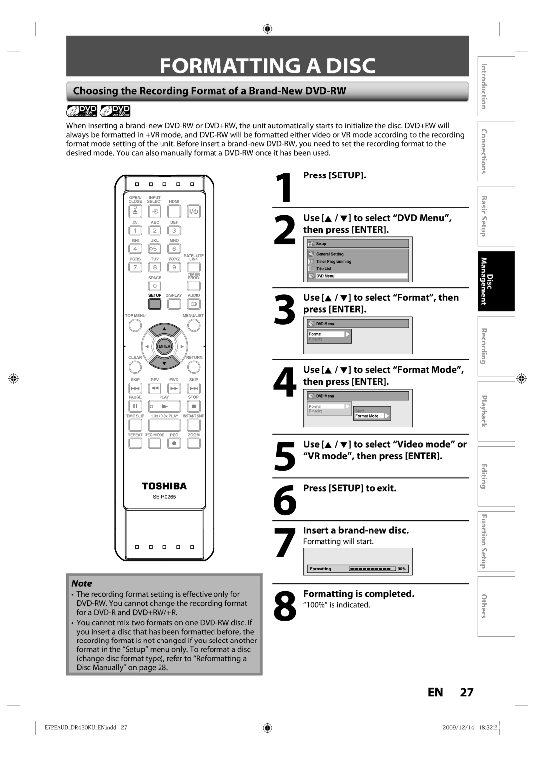 Toshiba DR430KU owner manual Formatting a Disc, Choosing the Recording Format of a Brand-New DVD-RW 