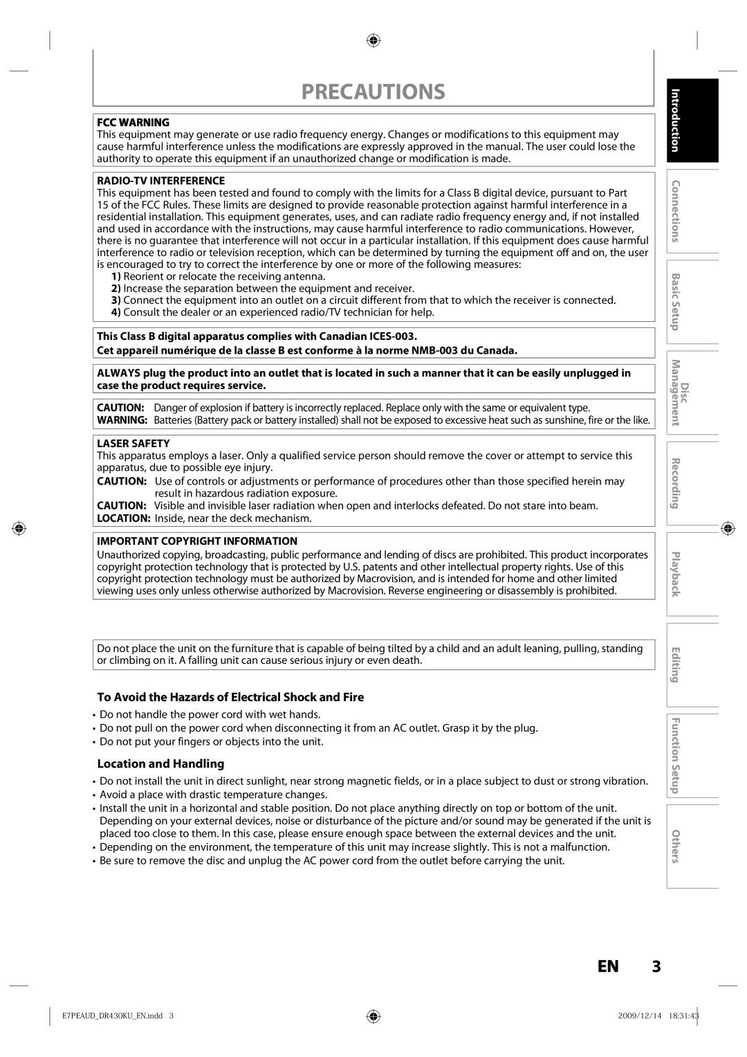 Toshiba DR430KU owner manual Precautions, To Avoid the Hazards of Electrical Shock and Fire, Location and Handling 