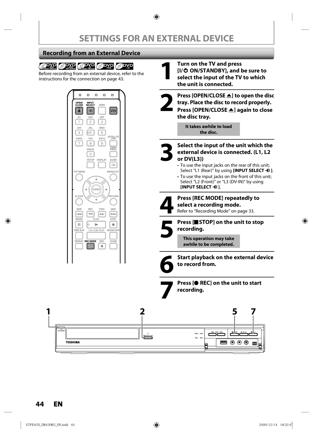 Toshiba DR430KU owner manual Settings for AN External Device, Recording from an External Device 