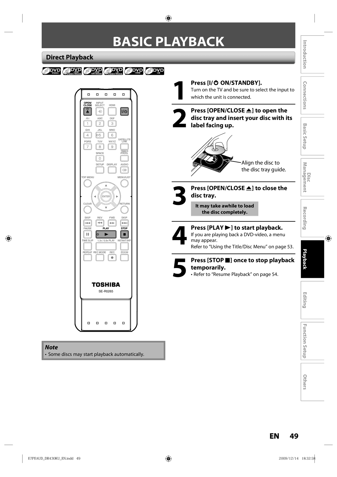 Toshiba DR430 Basic Playback, Direct Playback, Press OPEN/CLOSE a to close the disc tray, Press Stop C once to stop 