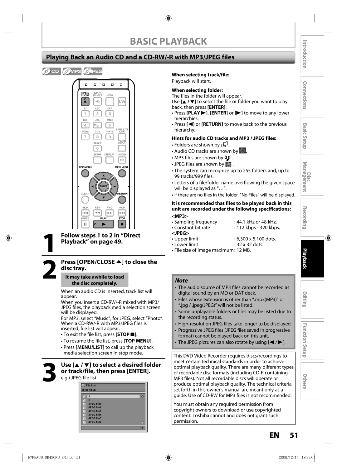 Toshiba DR430 Playing Back an Audio CD and a CD-RW/-R with MP3/JPEG files, Follow steps 1 to 2 in Direct, Playback on 