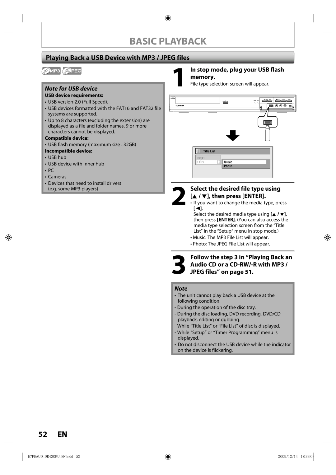 Toshiba DR430KU owner manual Playing Back a USB Device with MP3 / Jpeg files, Stop mode, plug your USB flash Memory 