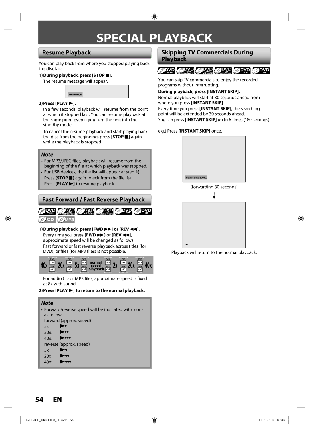 Toshiba DR430KU owner manual Special Playback, Resume Playback, Skipping TV Commercials During Playback 