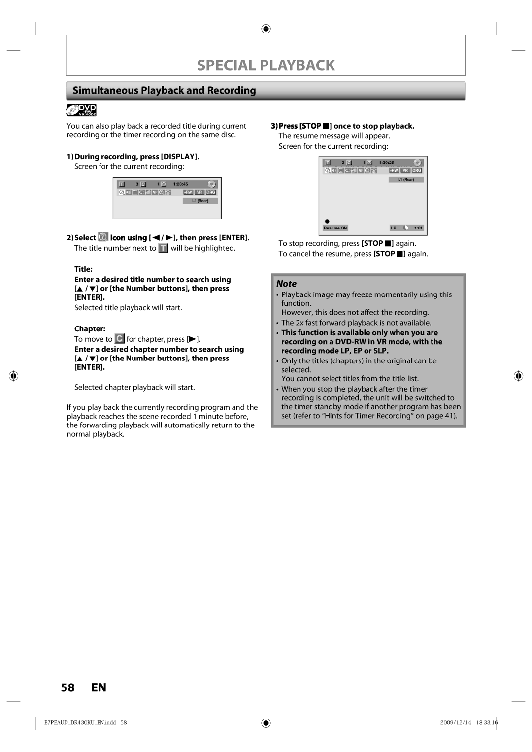 Toshiba DR430KU owner manual Simultaneous Playback and Recording, Chapter, Once to stop playback 