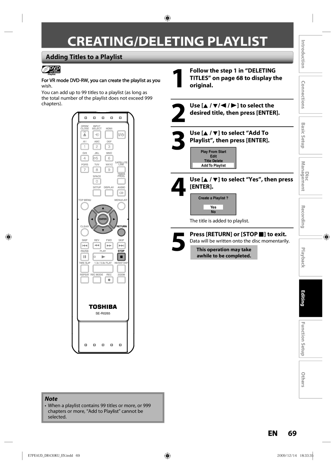 Toshiba DR430 CREATING/DELETING Playlist, Adding Titles to a Playlist, Title is added to playlist, Awhile to be completed 