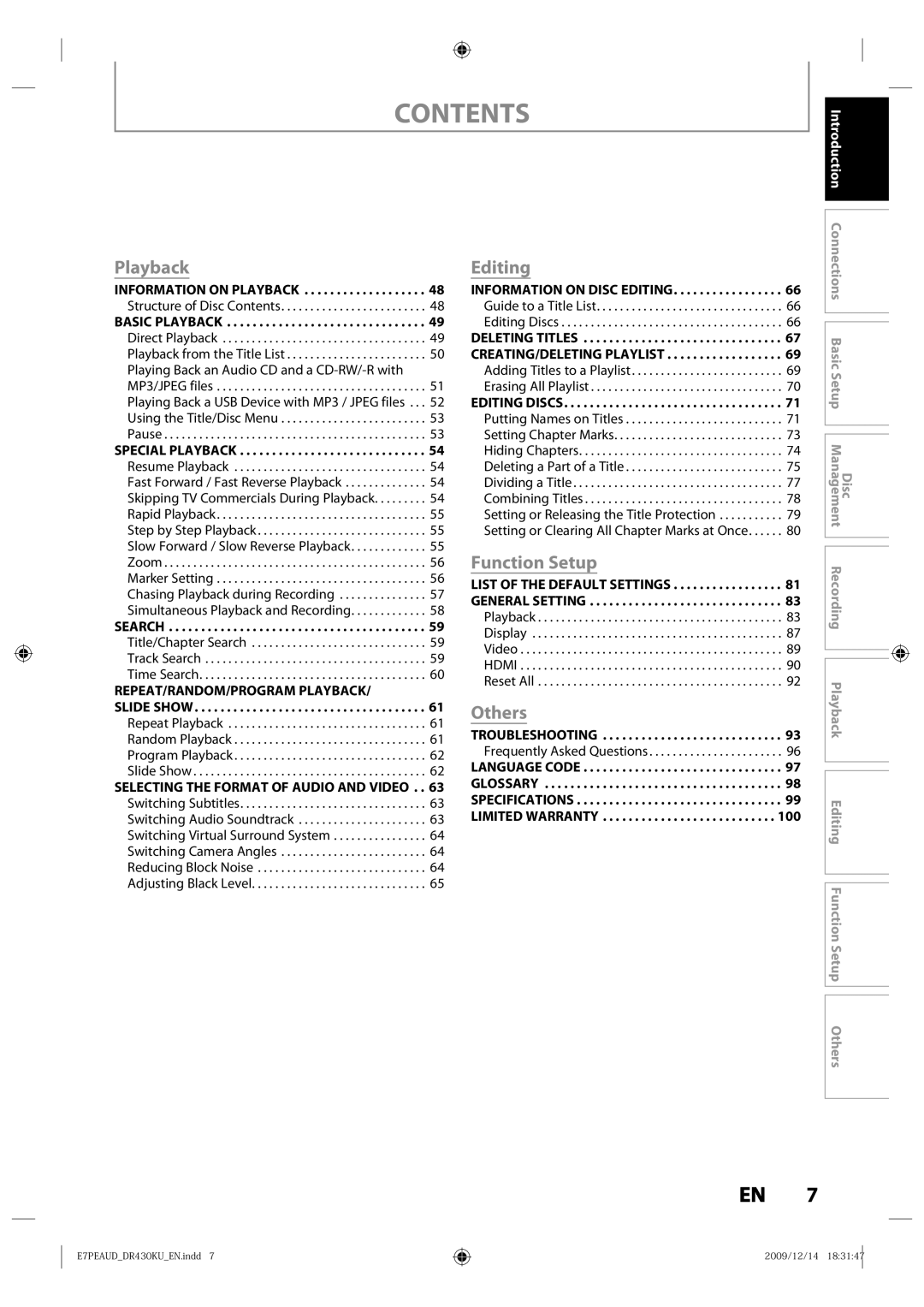 Toshiba DR430KU owner manual Contents 