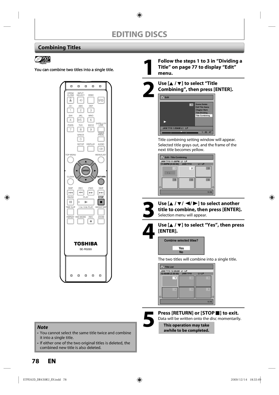 Toshiba DR430KU owner manual Combining Titles, Menu, Use K / L to select Title Combining, then press Enter 